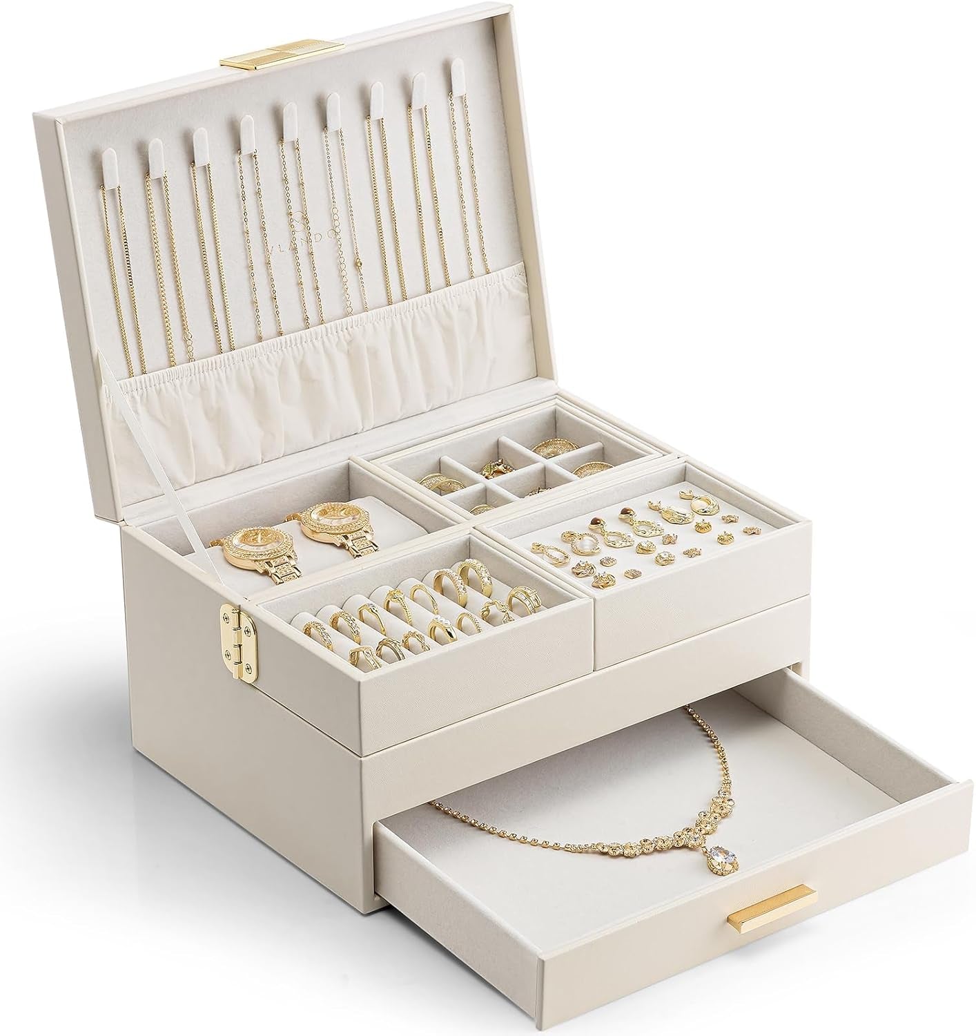 3 Layer Jewelry Box - Women Jewelry Box with Retractable Tray - Jewelry Organizers with Drawer for Necklaces, Rings, Bracelets, Earrings, Valentines Gift for Mom Girls - Cloud White