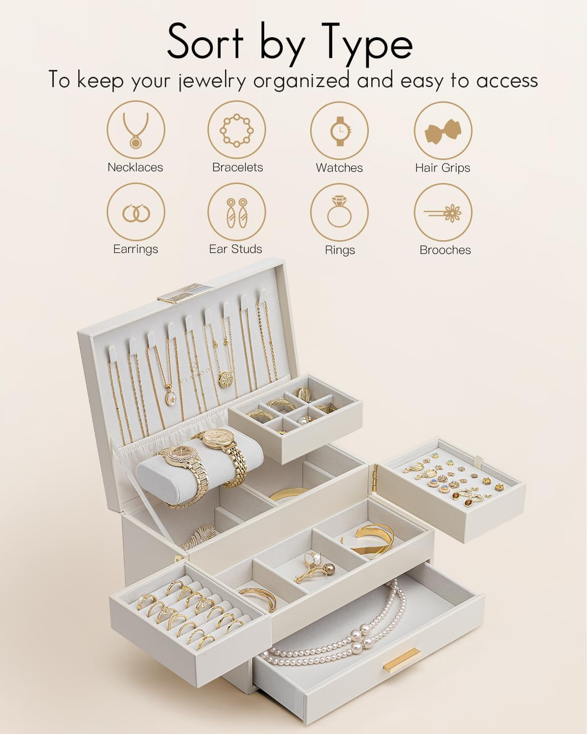 3 Layer Jewelry Box - Women Jewelry Box with Retractable Tray - Jewelry Organizers with Drawer for Necklaces, Rings, Bracelets, Earrings, Valentines Gift for Mom Girls - Cloud White