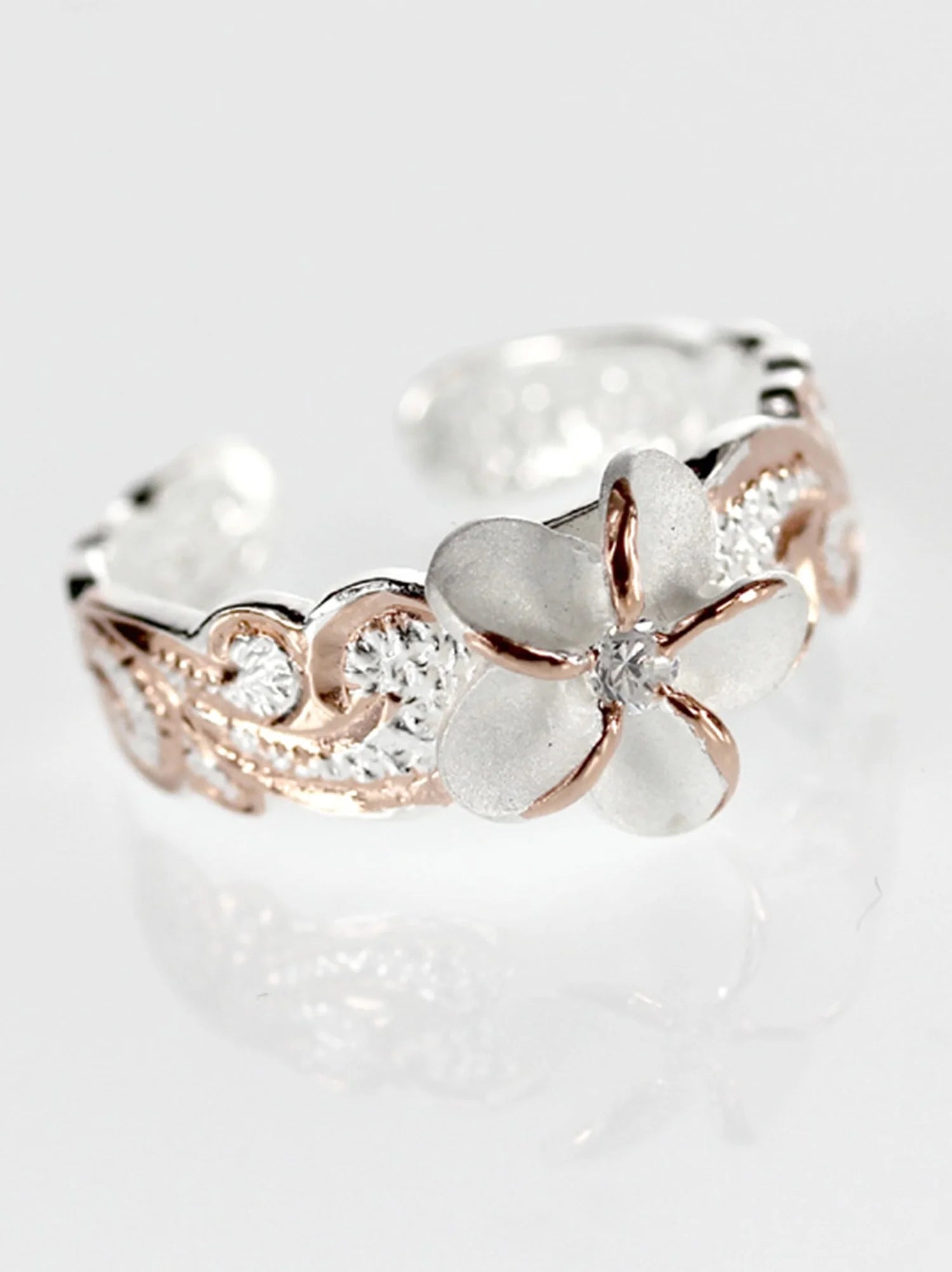 Hawaii Silver Toe Ring - Two Tone Plumeria Flower Toering