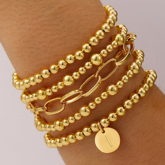 18K Gold Plated Initial Beaded Bracelets for Women Charms Stackable Letter I Chain Bracelet Set Birthday Graduation Mothers Day Jewelry Gifts Teen Mom Her Girlfriend Adults Wife Daughter Ideas