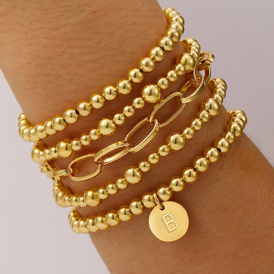 18K Gold Plated Initial Beaded Bracelets for Women Charms Stackable Letter B Chain Bracelet Set Birthday Graduation Mothers Day Jewelry Gifts Teen Mom Her Girlfriend Adults Wife Daughter Ideas