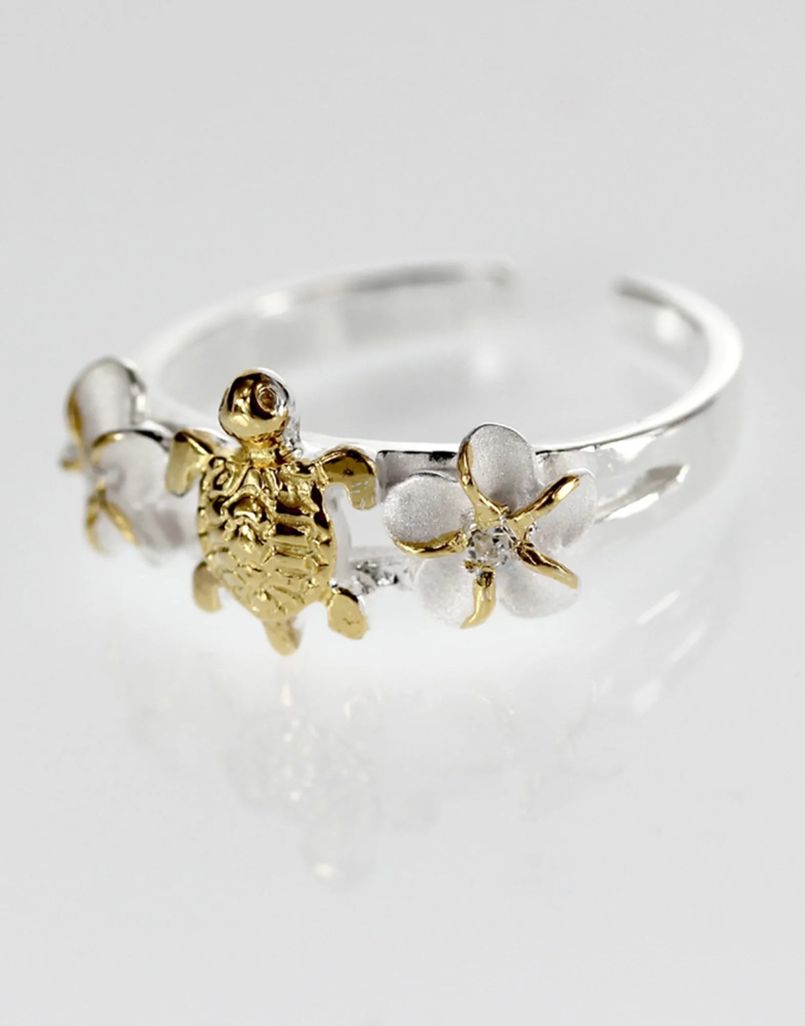 Hawaii Silver Toe Ring - Sea Turtle and Flower Gold-Tone Toering
