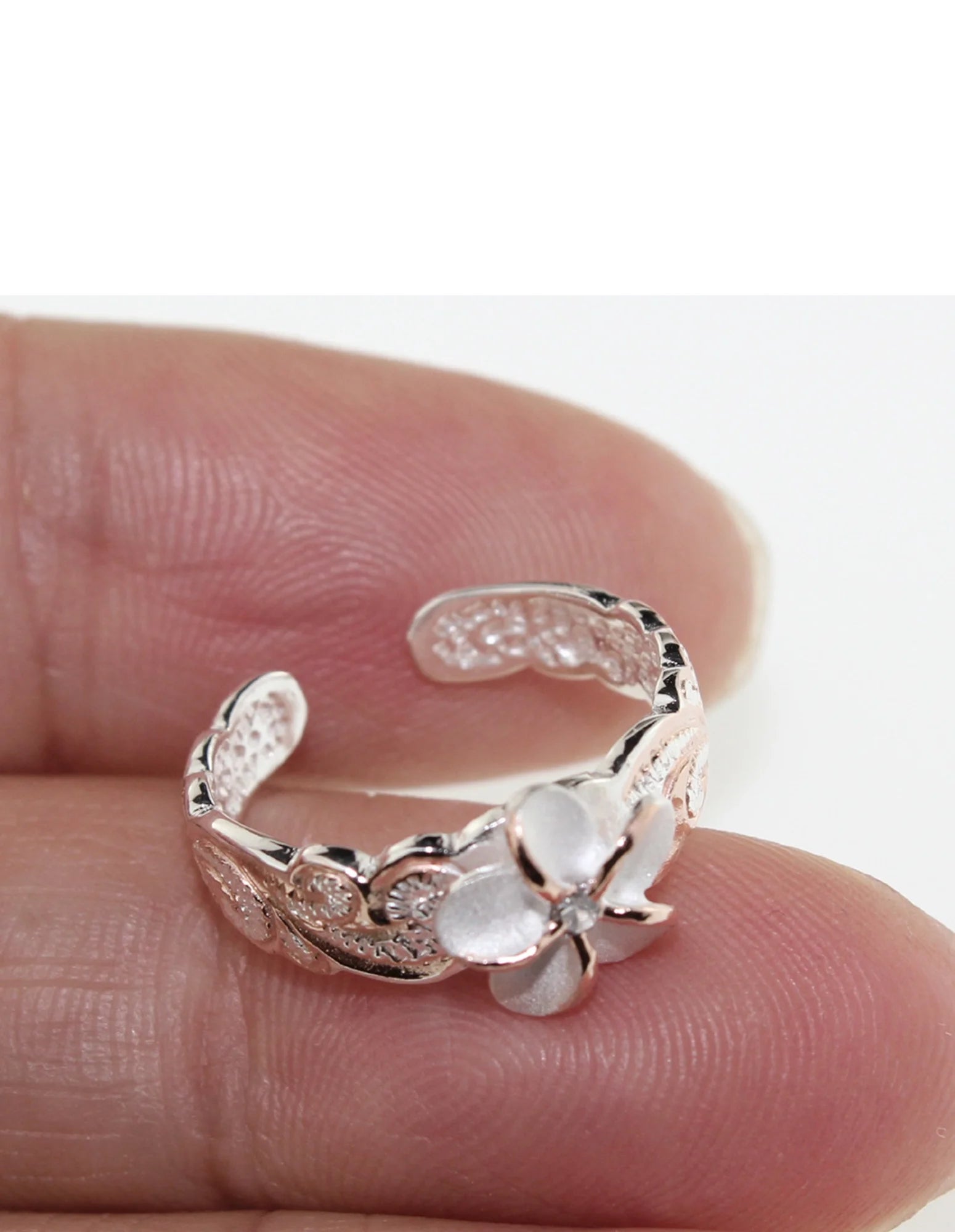 Hawaii Silver Toe Ring - Two Tone Plumeria Flower Toering