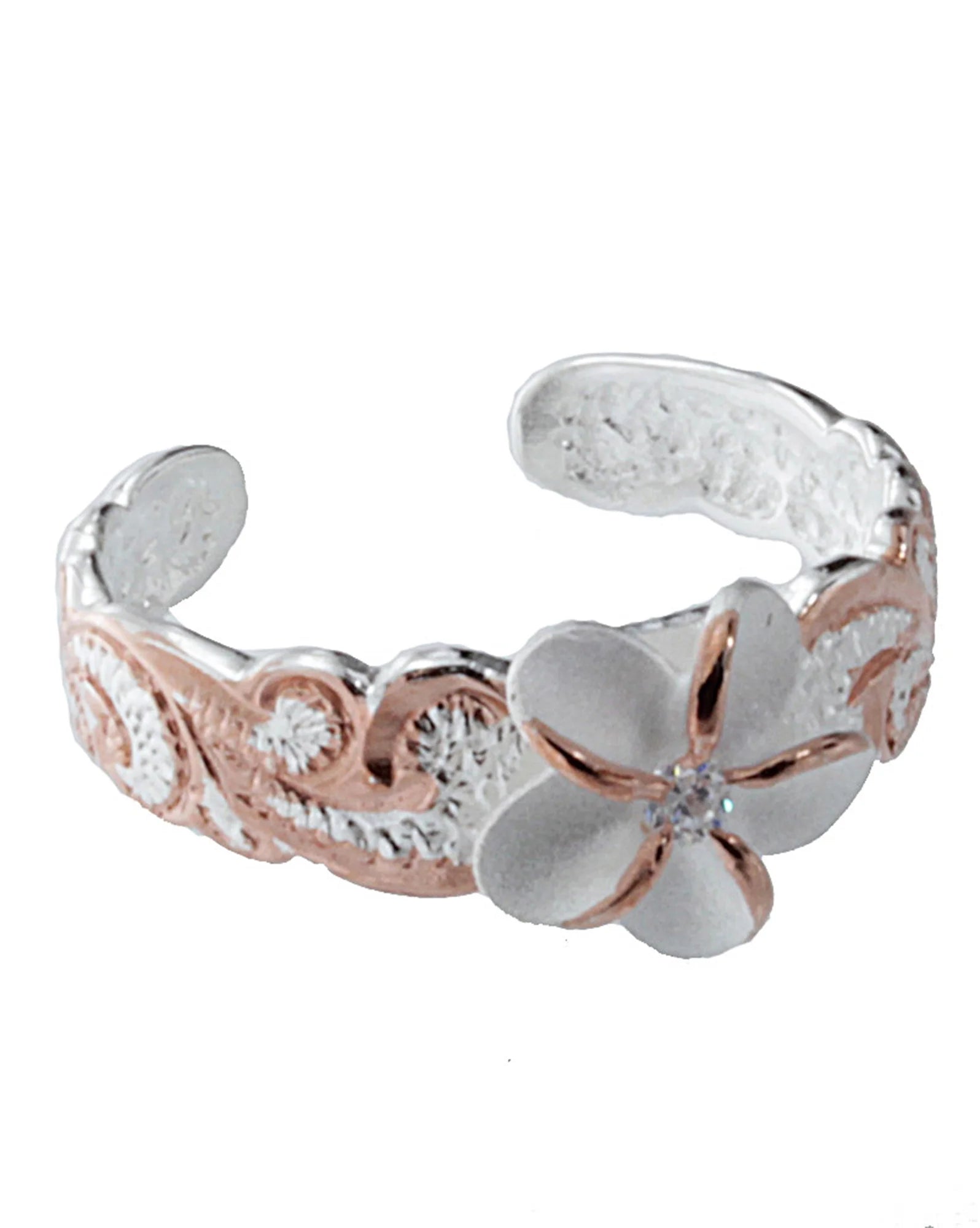 Hawaii Silver Toe Ring - Two Tone Plumeria Flower Toering