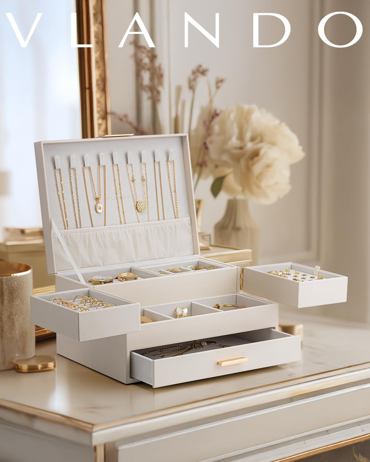3 Layer Jewelry Box - Women Jewelry Box with Retractable Tray - Jewelry Organizers with Drawer for Necklaces, Rings, Bracelets, Earrings, Valentines Gift for Mom Girls - Cloud White
