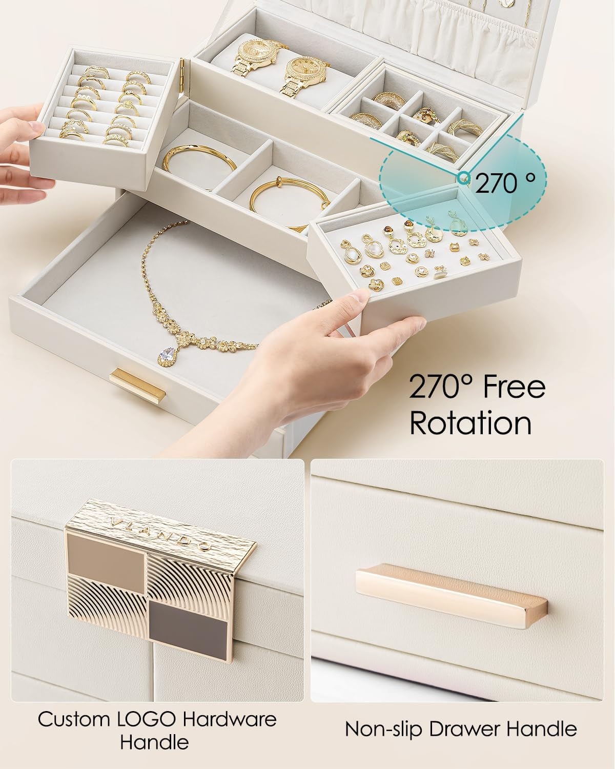 3 Layer Jewelry Box - Women Jewelry Box with Retractable Tray - Jewelry Organizers with Drawer for Necklaces, Rings, Bracelets, Earrings, Valentines Gift for Mom Girls - Cloud White