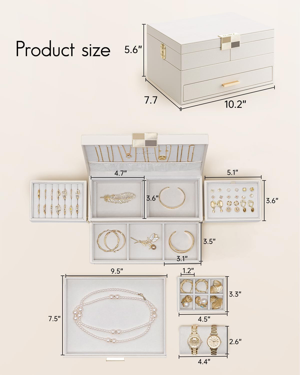 3 Layer Jewelry Box - Women Jewelry Box with Retractable Tray - Jewelry Organizers with Drawer for Necklaces, Rings, Bracelets, Earrings, Valentines Gift for Mom Girls - Cloud White